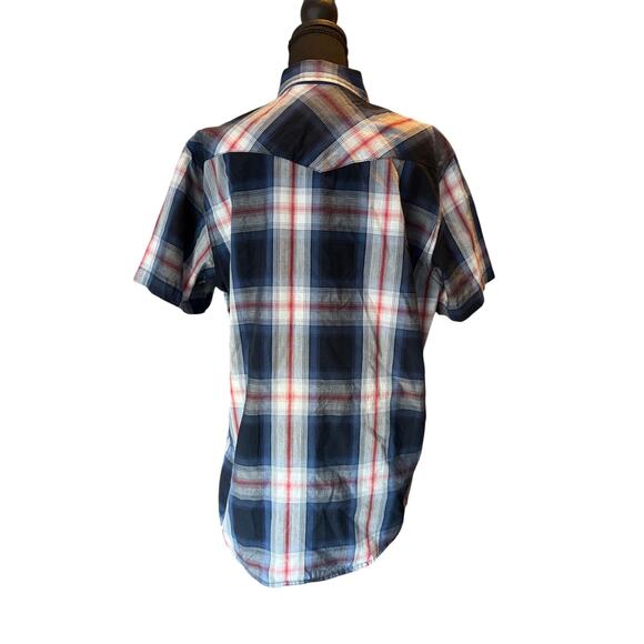 Men's L Short Sleeve Cotton Western Covered Snap Button Plaid Blue American Rag - Picture 4 of 6
